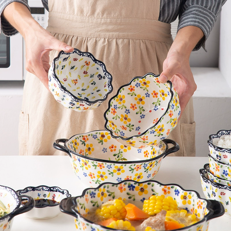 Керамическая миска, бытовая миска для лапши, большая суповая миска с двумя ушками, 2023, новая популярная красивая и красивая миска для еды