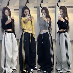 2025秋冬爆款三条杠加绒女裤直筒高腰阔腿裤抽绳宽松休闲运动卫裤
