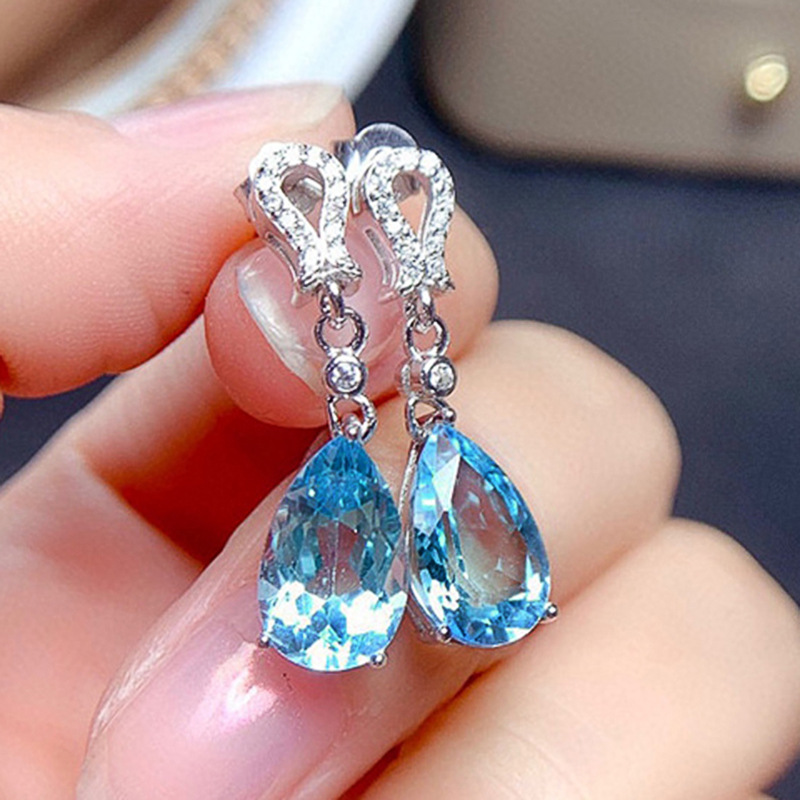 Cao Shi's Online Celebrity Live Broadcast New Product Simulation Sea Blue Zircon Long Earrings Temperament Earrings_voghion.com