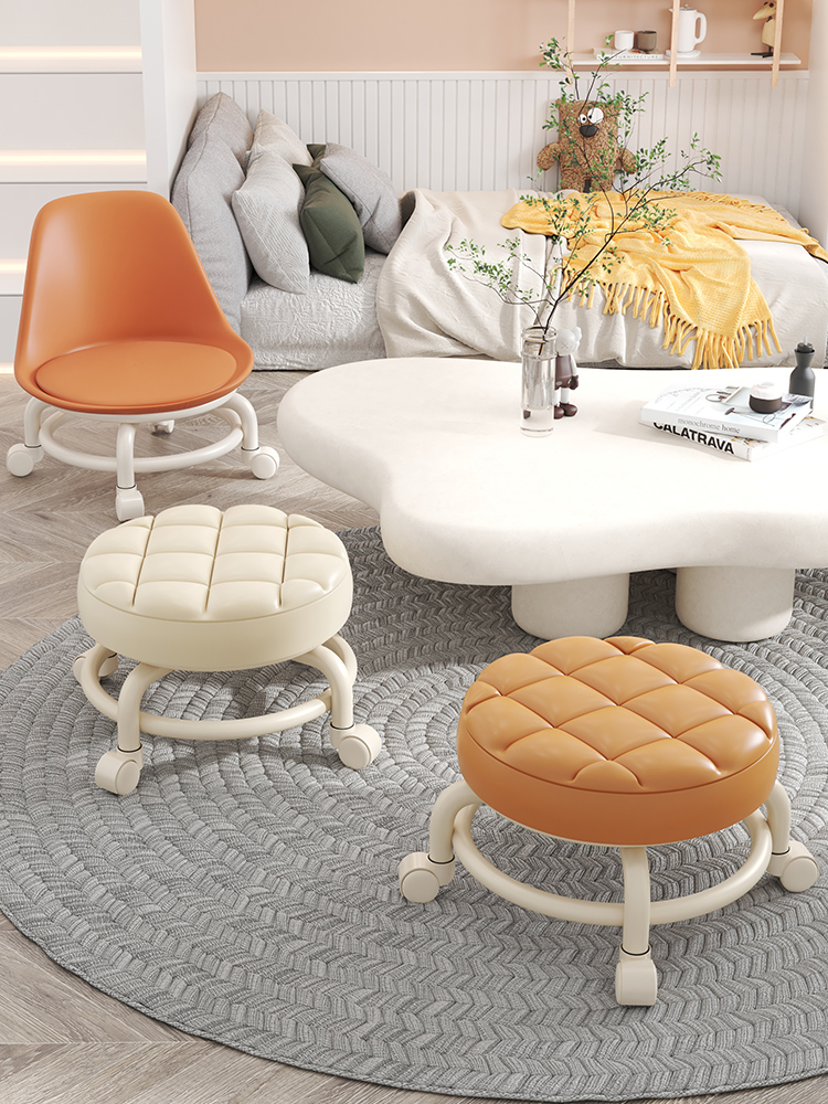 Small Stool with Swivel Wheels for Home Use, Low Round Stool, Beauty Seam Pedicure Bench, Living Room Chair, Children's Toddler Stool