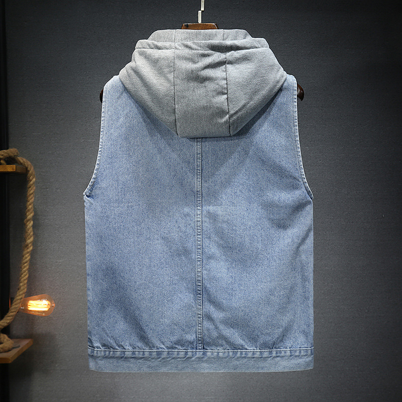 2023 New Trendy Men's Vest Four Seasons Loose and Fashionable Kamp Shoulder Detachable Hooded Cowboy Vest_voghion.com