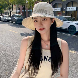 新款大檐显脸小时尚休闲百搭早春夏条纹蝴蝶结渔夫帽可调节盆帽