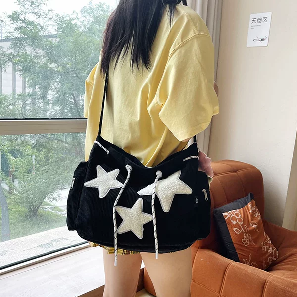 Cross-border large-capacity corduroy bag for women, casual five-pointed star crossbody bag, cute and versatile student tote bag