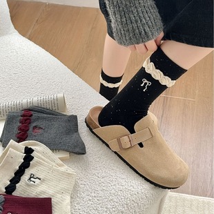 Autumn and Winter New Double Needle Bow Embroidered Mid-tube Socks Women's Point Yarn Combed Cotton Japanese Style Breathable Boneless Women's Socks