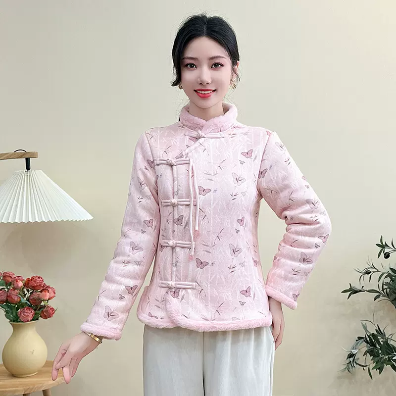 新中式妈妈加绒加厚棉服盘扣小棉衣中老年女秋冬装国风唐装花棉袄