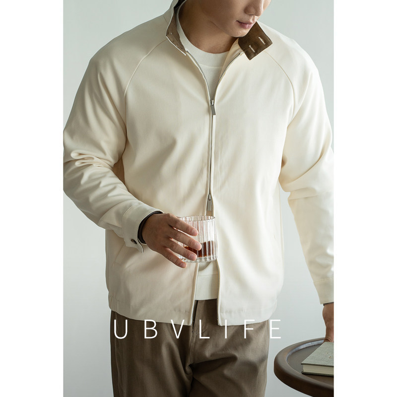 Lyocell color-blocked raglan sleeve stand-up collar jacket for men, 2026 autumn light business commuter double-zipper casual coat