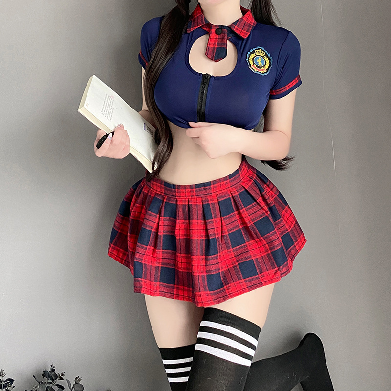 情趣内衣学院风制服诱惑学生装露乳小胸聚拢套装性感百褶裙女格子