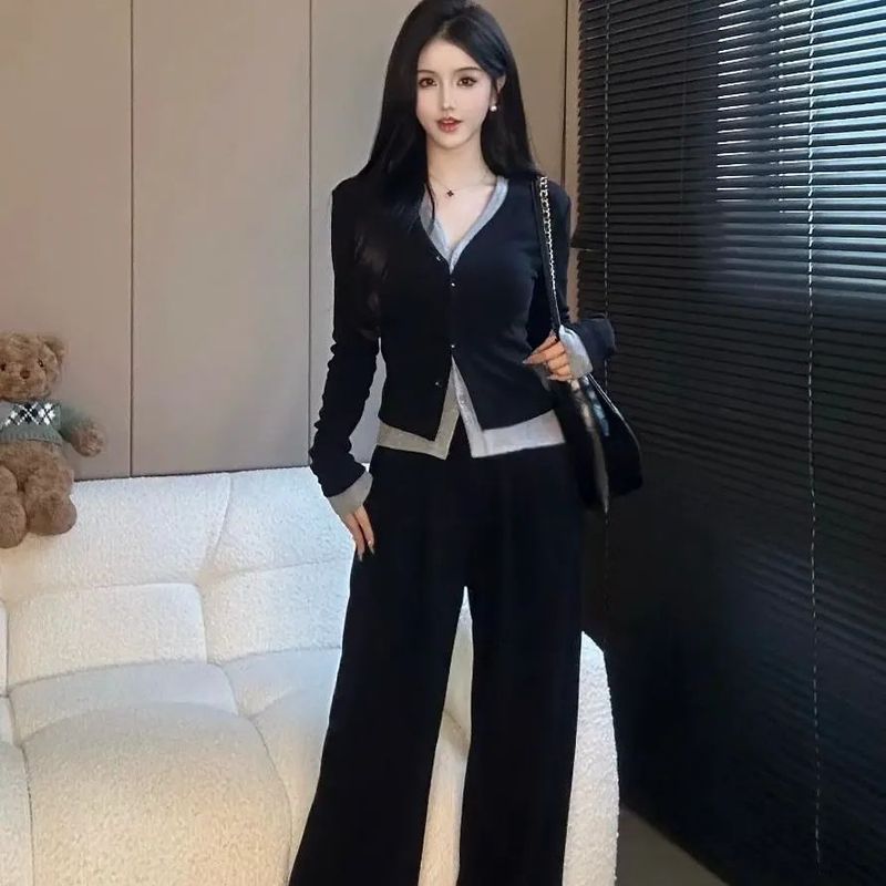 大码套装女2025春秋新款时尚设计感假两件小香风上衣阔腿裤两件套|undefined
