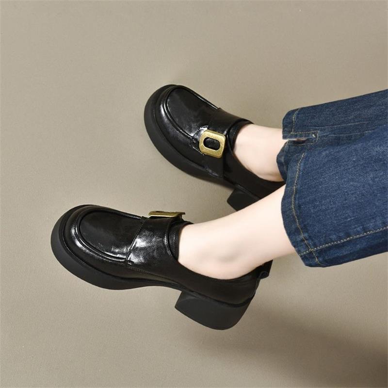 Women's Soft Thick-soled Loafers, Fleece-lined British Leather Shoes_voghion.com