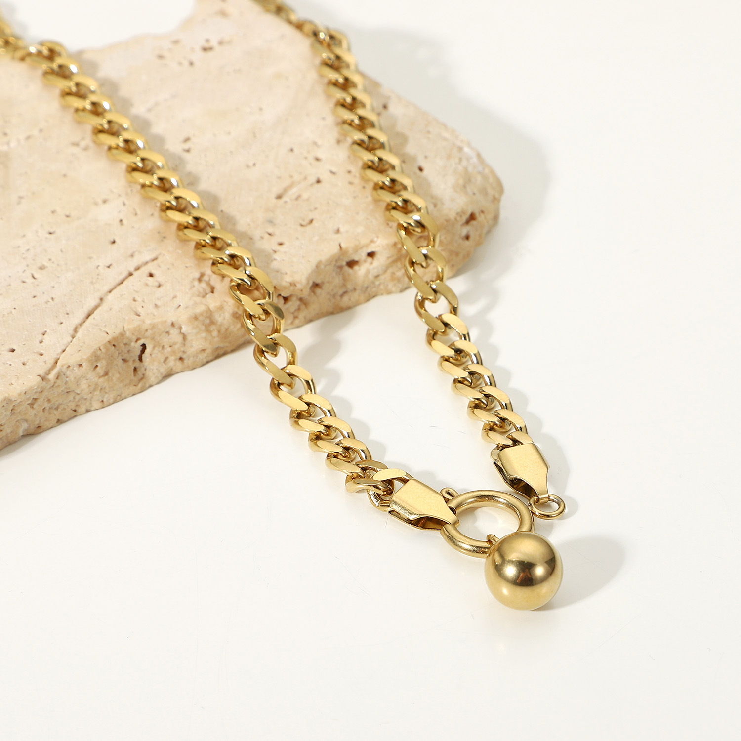 retro stainless steel 14K gold Cuban chain ball bead pendant spring buckle necklacepicture3