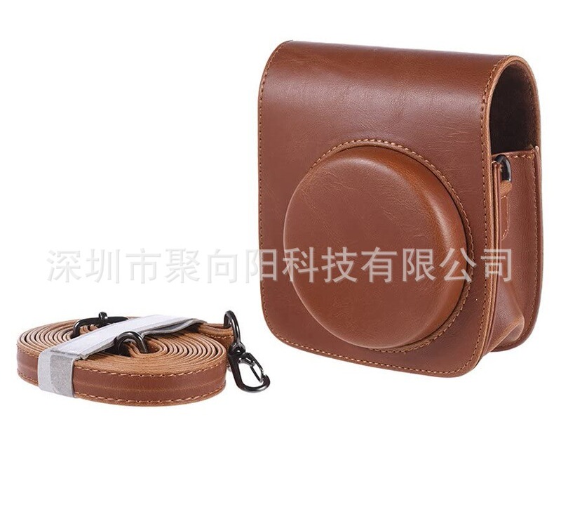 Polaroid camera bag instax mini 90 leather case protective shell crystal shell shoulder strap bag Brown