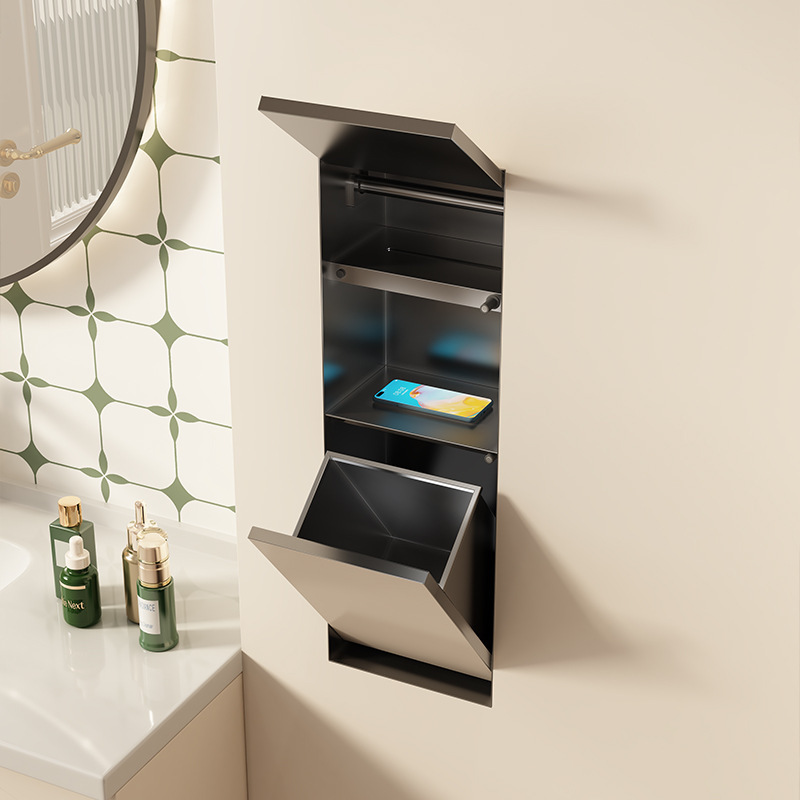Built-In Toilet Niche, Paper Towel Metal Storage Rack, Tile Hidden Trash Can, Light Luxury Storage, Embedded Type