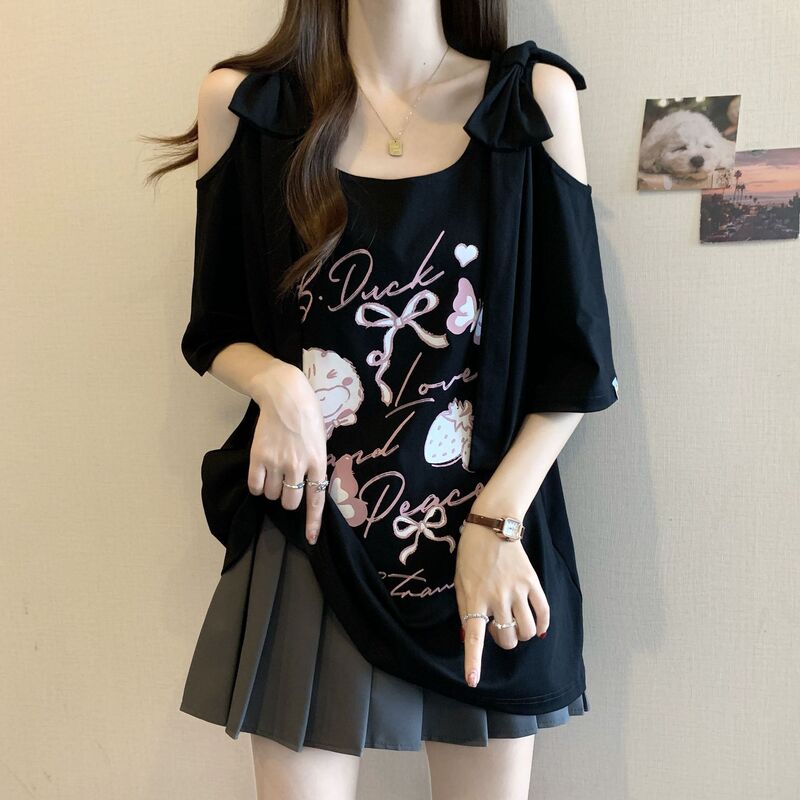 大きいサイズのリボンオフショルダー黒半袖Tシャツ女性用2025年夏新作ファットmmルーズスリミングトップ|undefined