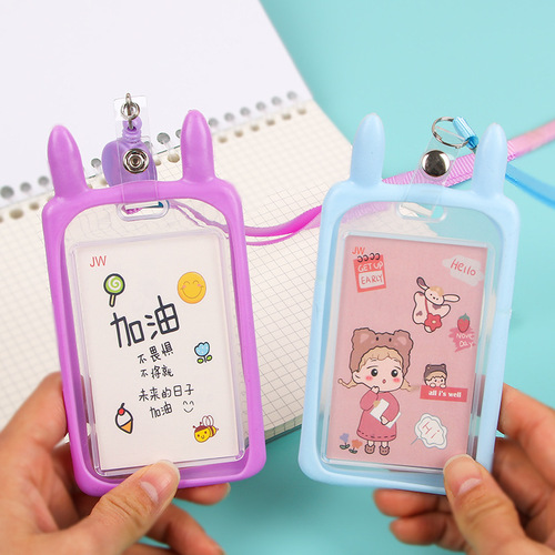 Cute silicone card holder for students, cartoon bus meal card protective cover, high-looking lanyard, transparent campus card wholesale