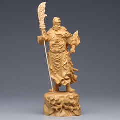 Boxwood Carving Standing Knife Guan Gong Buddha Statue Ornament—Lord Guan with Sword, God of Wealth and Martial Arts Home Decorative Offering Craftwork
