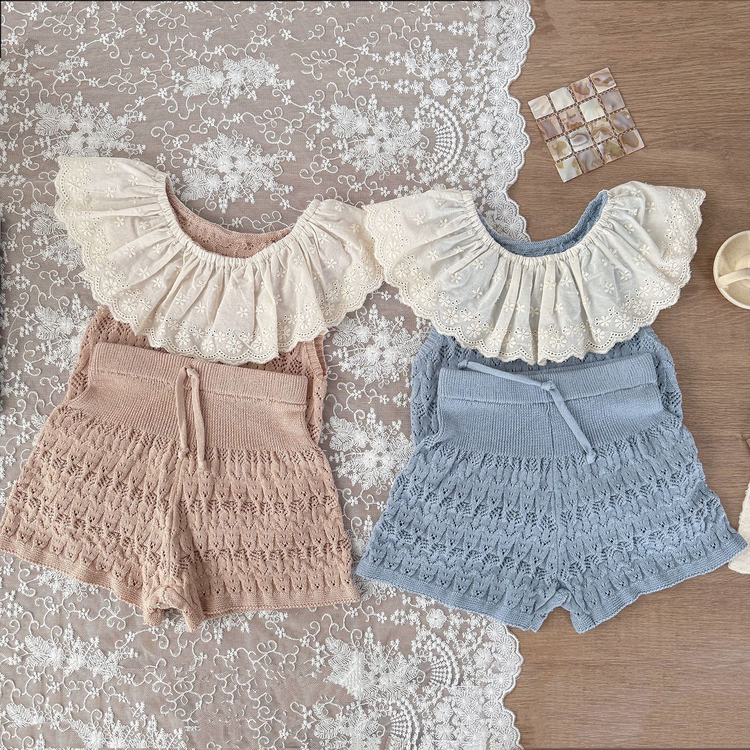 Knitted vest, set, shorts, with embroidery 2