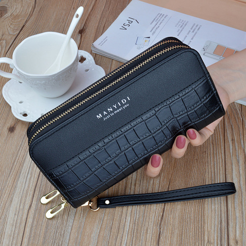 New women's wallet, women's long double zipper mobile phone bag, fashionable crocodile pattern large capacity mother's double layer clutch bag