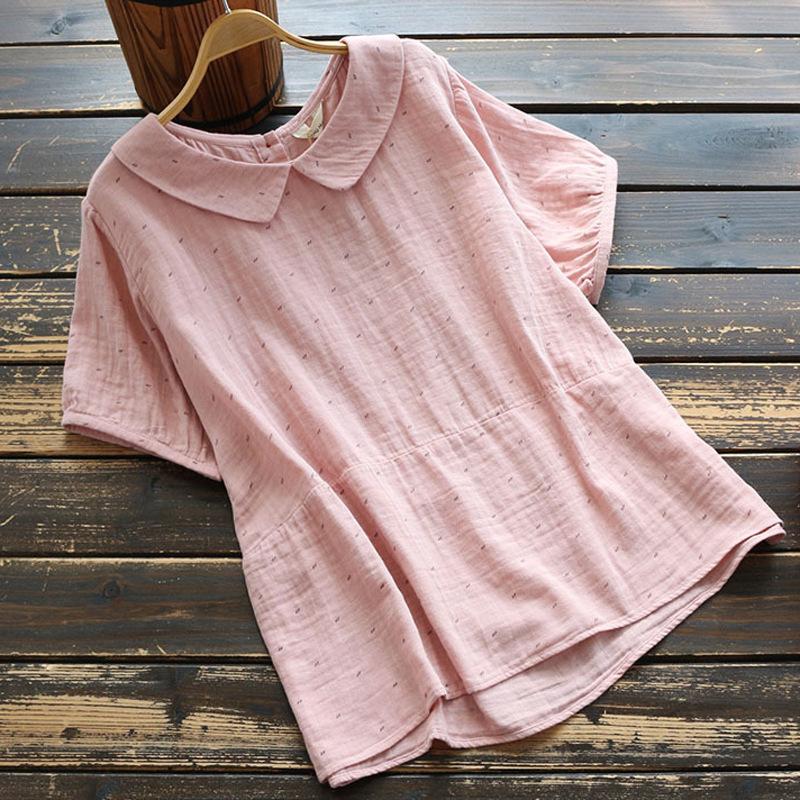 Double-Layer Gauze Doll Collar Pullover Printed Short-Sleeved Shirt Japanese Style Preppy Style Loose and Versatile Shirt Summer Double-Layer Gauze Doll Collar Pullover Printed Short-Sleeved Shirt Japanese Style Preppy Style Loose and Versatile Shirt Summer