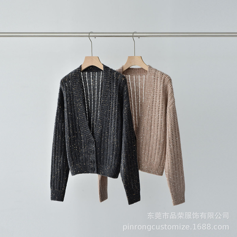 Pinrong Bc Spring New Women's V-Neck Long-Sleeved Mesh Hollow-Out Sequined Wool Cashmere Knitted Cardigan