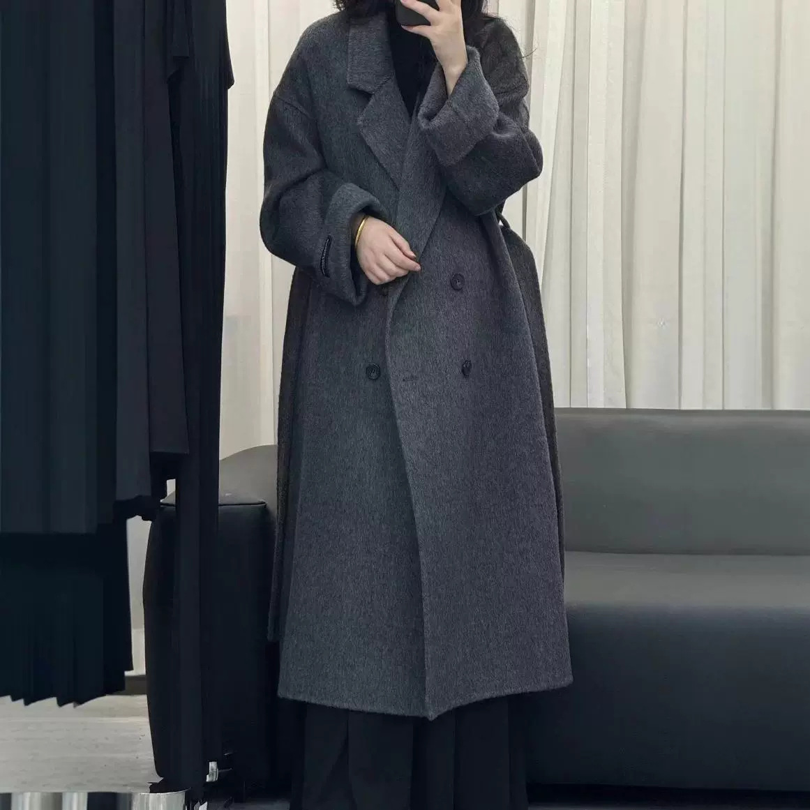 올리브 그린은 24 가을과 겨울 새로운 양면 캐시미어 코트 여성의 더블 브레스트 느슨한 플러스 사이즈 울 코트