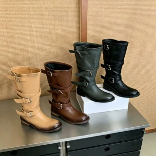 欧美气质皮带扣骑士靴女冬季圆头粗跟不过膝长靴复古机车扣带高筒