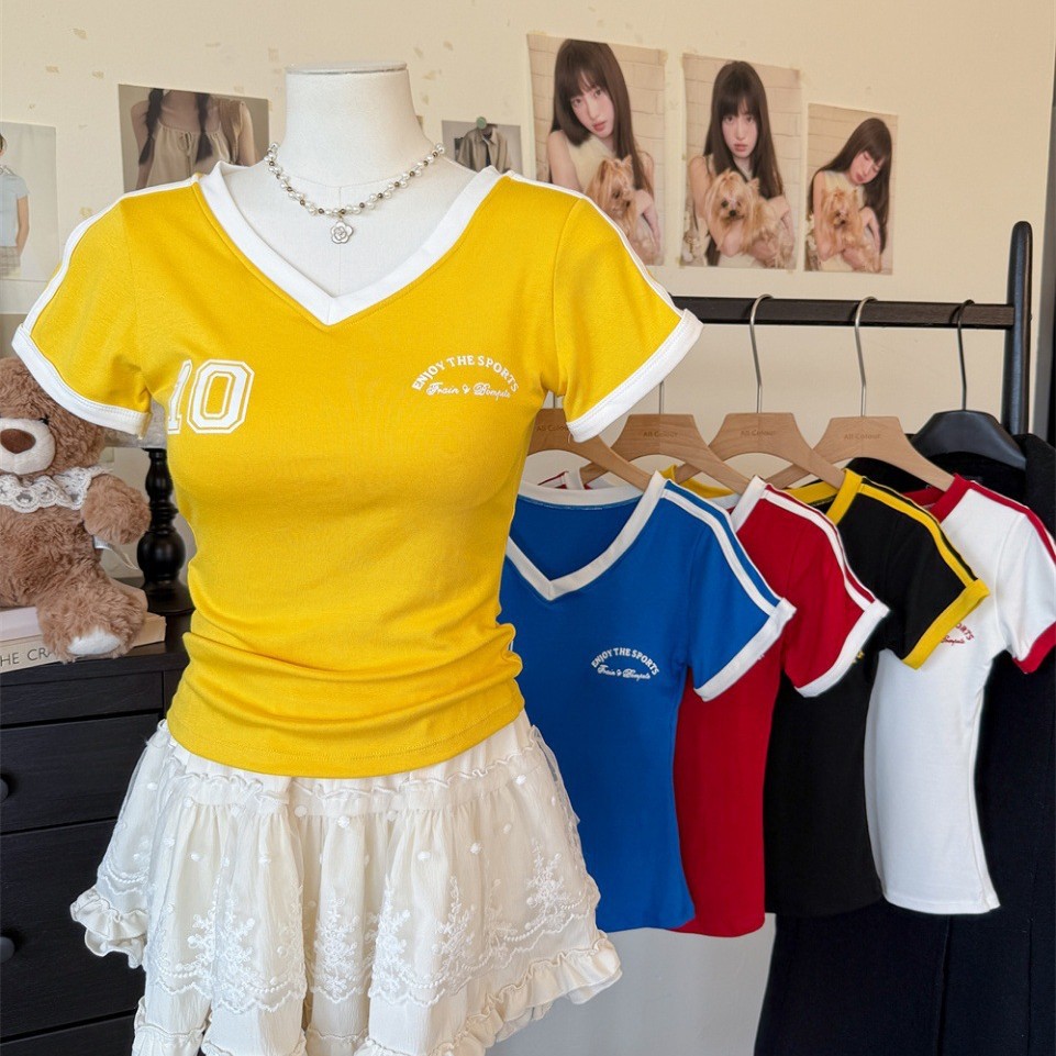5126 # American Retro Color-Block V-Neck Regular Shoulder Short-Sleeve T-Shirt Summer with Chest Pad Slim Fit Versatile Top