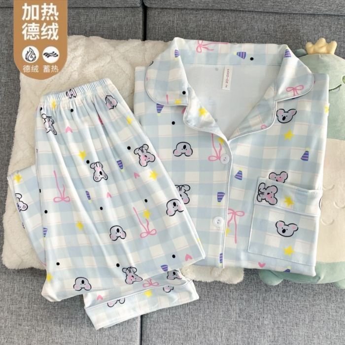 Al por mayor transfronterizo otoño y invierno explosión de ternilla caliente pijama de manga larga mujer traje dulce cardigán de dibujos animados con solapa ropa para el hogar
