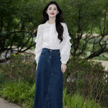 早秋穿搭套装2025小个子韩风chic森系穿搭白色衬衫牛仔半身裙套装