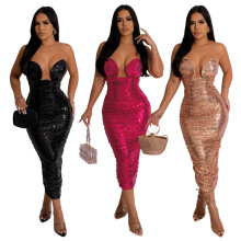 CY900884欧美亚马逊外贸新款 抹胸包臀A字连衣裙女 亮片聚会长裙