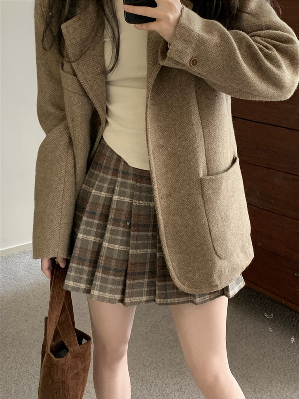 复古格纹毛呢半身裙女大码春秋呢子百褶裙胖mm遮肚防走光a字短裙|undefined