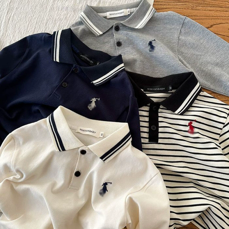 Детская хлопчатобумажная рубашка POLOO для мальчиков с отворотом и длинными рукавами футболка осенняя одежда новый мальчик в полоску рубашка