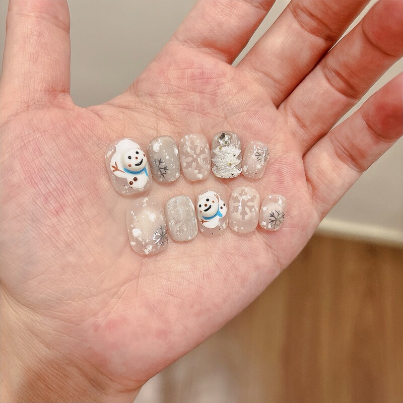 Short Hand-Painted Christmas Handmade Wearable Nails, Ice-Transparent Cartoon Light Therapy Fake Nail Patches, Finished Nail Art Stickers Wholesale