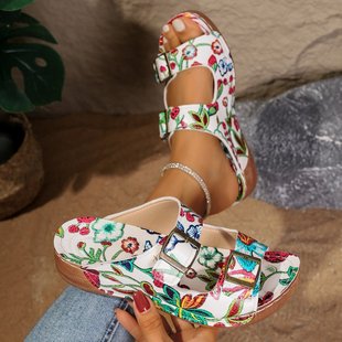 2025 spring new amazon foreign trade women's shoes double-breasted printed sandals round toe wedge plus size women's slippers