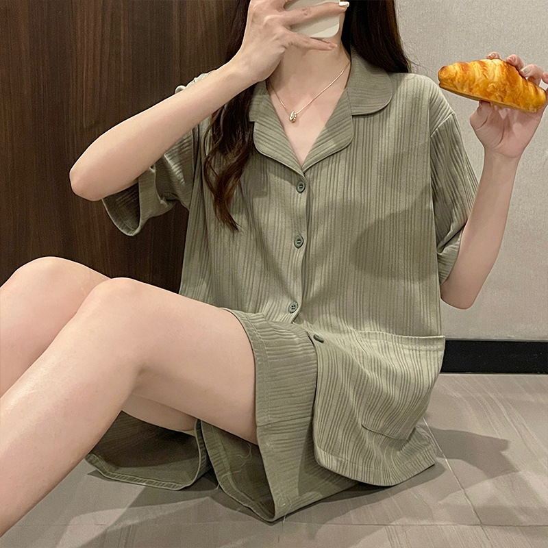 Couple pajamas women's summer short-sleeved shorts thin green plus size high-grade home wear men's simple suit