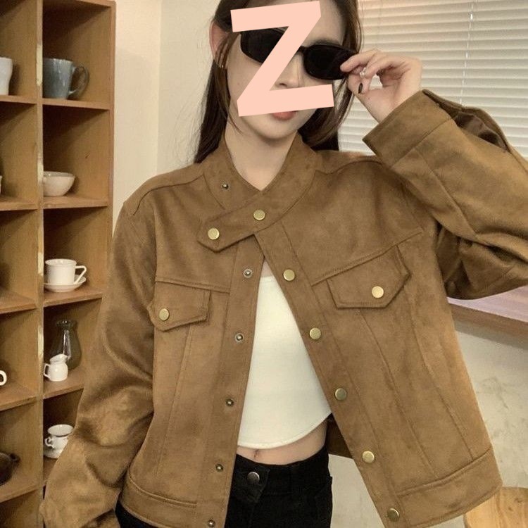 美拉德穿搭立领洋气外套女秋冬高级感复古宽松短款夹克麋鹿皮外套|undefined