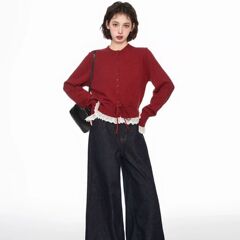 A家女士2025春秋冬季新年红色假两件蕾丝针织毛衣软糯打底衫外套