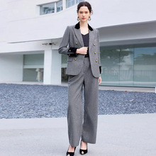 羊毛呢高级灰人字纹秋冬厚款职业西服套装双排扣女神范套裤正装OL