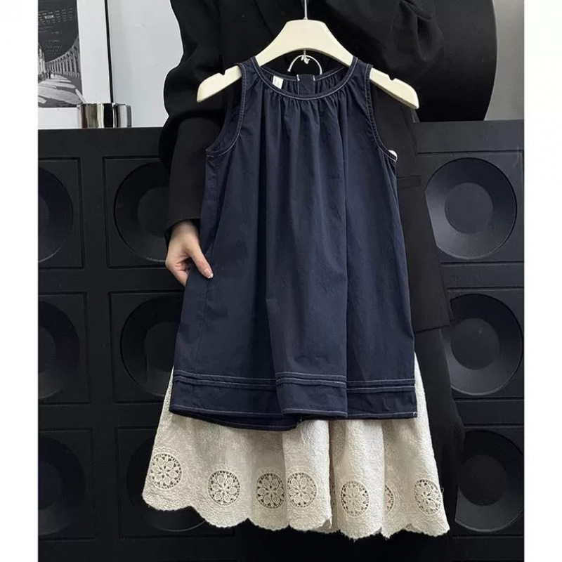 Girls Korean Style Dress Suit Summer Dress 2025 Western Style Kidsren's Retro Vest Dress Baby Cool and Sassy Skirt