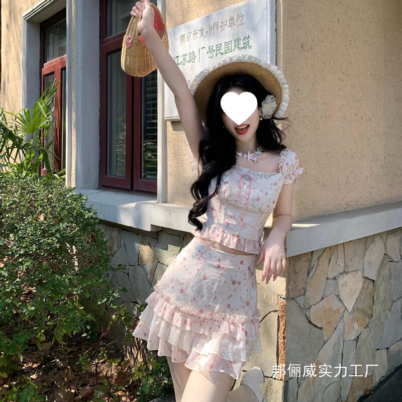 Pure Lusty Floral Elegant Summer New Cute Version Top Lace Skirt Pastoral Style Mercerized Skirt Suit