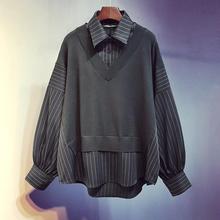 假两件衬衫外套2025秋装韩版新款女装宽松中长款条纹衬衣长袖上衣