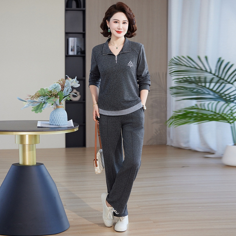 妈妈时尚薄长袖衣中年女装秋装新动服中老年春秋休闲套装两件套|undefined