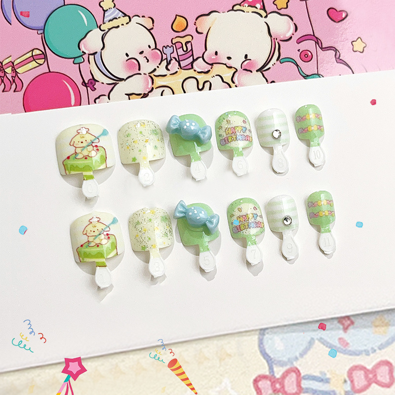 Nuevos accesorios de manicuría para niños que usan banda de uñas, parches de uñas de dibujos animados, productos terminados de uñas dulces, 12 piezas