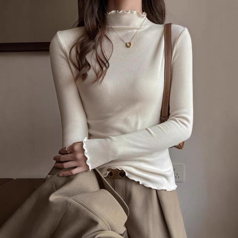 Yu Shuxin's Same Style Lace Collar Base Layer down Jacket with Inner and Outer Wear Mid-Collar Bottoming Shirt for Women Milky Apricot T-Shirt