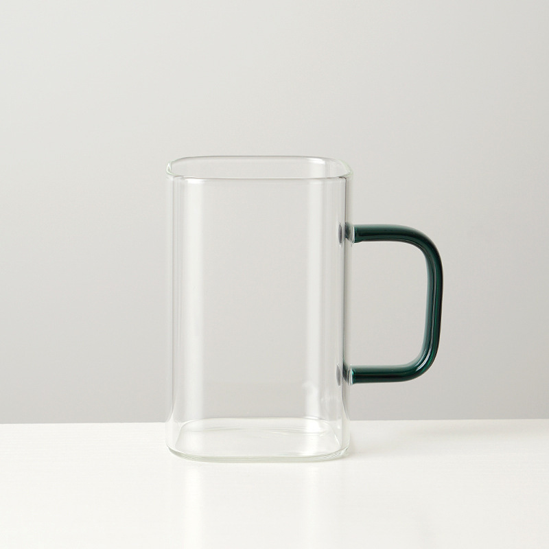 Taza de agua de boca cuadrada al por mayor, taza de vidrio cuadrada de borosilicato, taza de leche doméstica, taza de café con asa, taza de jugo simple
