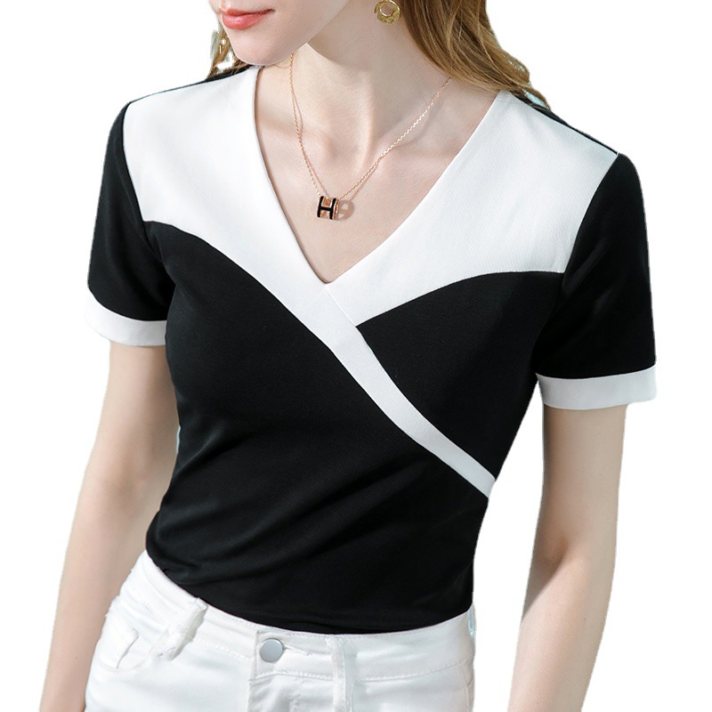 Camiseta de manga corta para mujer verano 2023 nueva Camiseta de algodón de costura de color de contraste de moda para mujer temperamento con cuello en V elegante cintura superior image 5