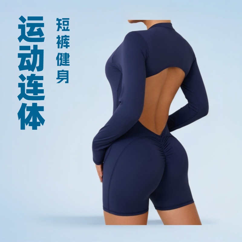 European and American Style Hollow-Out Beautiful Back Half-Zip Jumpsuit Peach Hip Sports Fitness Large Open-Back Quick-Dry Yoga Jumpsuit