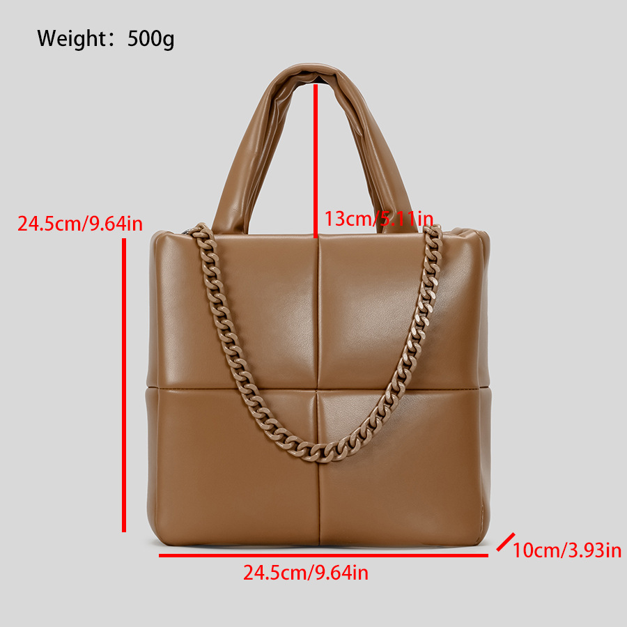 Damentaschen Kleine, braune PU-Tragetasche mit großem Fassungsvermögen, rautenförmige Handtasche mit Baumwollfüllung, dicke Umhängetasche mit Kette für Damen_voghion.com