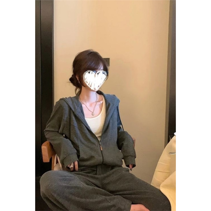 条纹松弛感懒人休闲运动套装韩版宽松连帽开衫卫衣阔腿裤两件套女