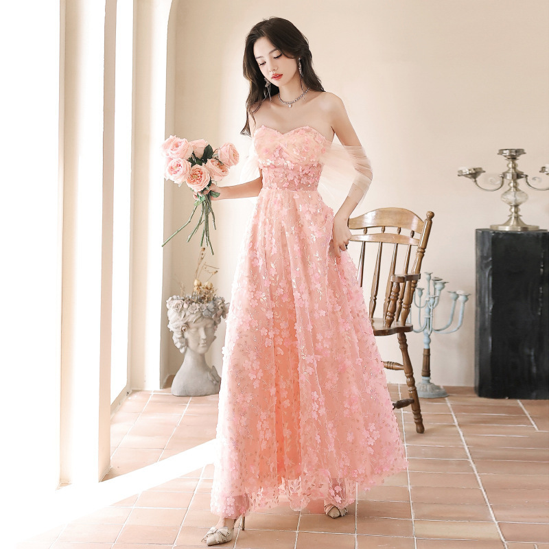 Pink Evening Dress for Women 2026 New Fashion Elegant Birthday Strapless Fairy-Like Light Gauze Petal Dress Vocal Arts Exam Dress