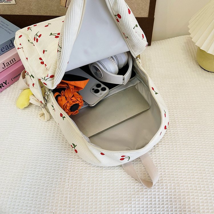 1197g Weight Polyester Lining Material Zipper Closure Type Double Shoulder Straps Strap Type Casual, School, Daily Occasion Corduroy Material Back To School Festival School Backpack Backpack Cherry Pattern All Seasons Season Women's Gender Cute Style Shell Shape Cherry Casual School Daily School Backpack 41